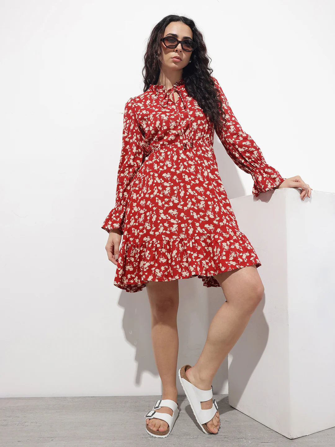 Aravalii Maroon Round Neck Floral Print Rayon Midi Dress