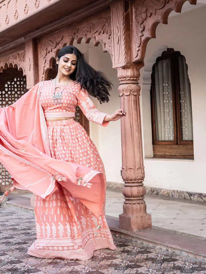 Pink Printed Crop Top, lehenga with Dupatta set