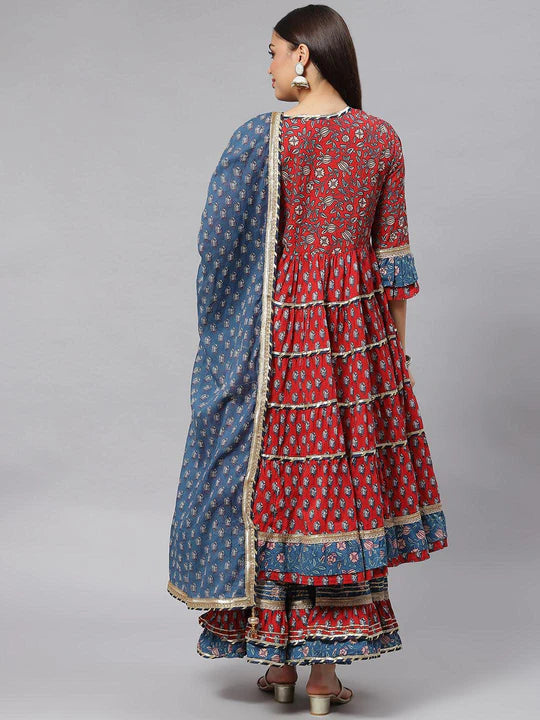 Maroon & Blue Anarkali Kurta Sharara Set with Dupatta