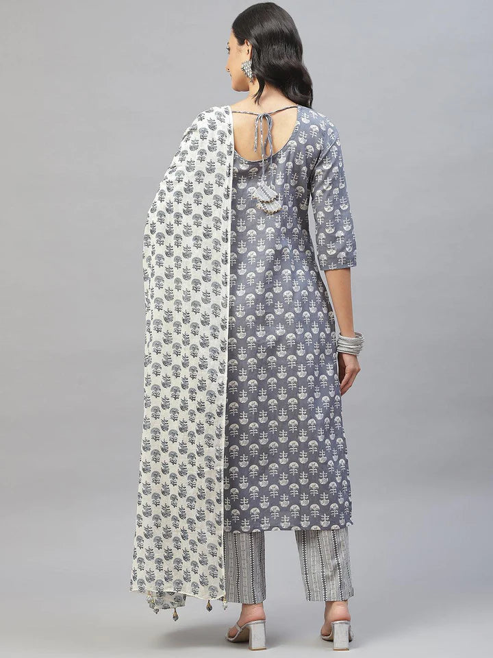 Grey and White Floral Printed Kurta Pant Set with Dupatta