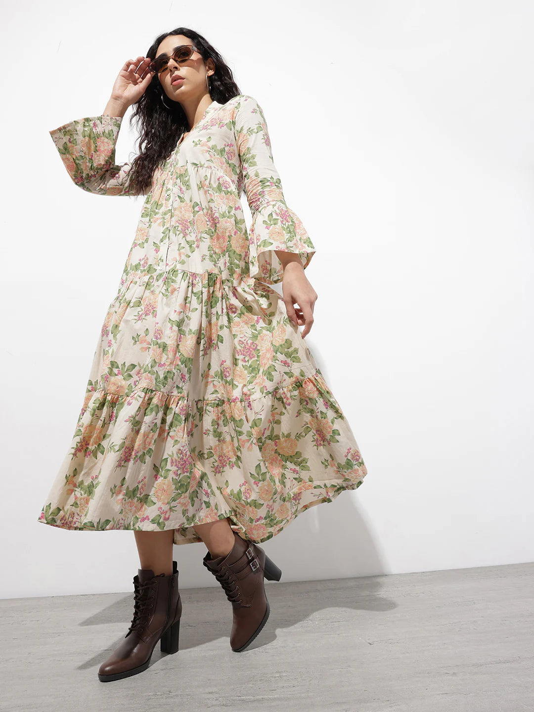 Aravalii Cream Mandarin Coller Floral Print Cotton Midi Dress