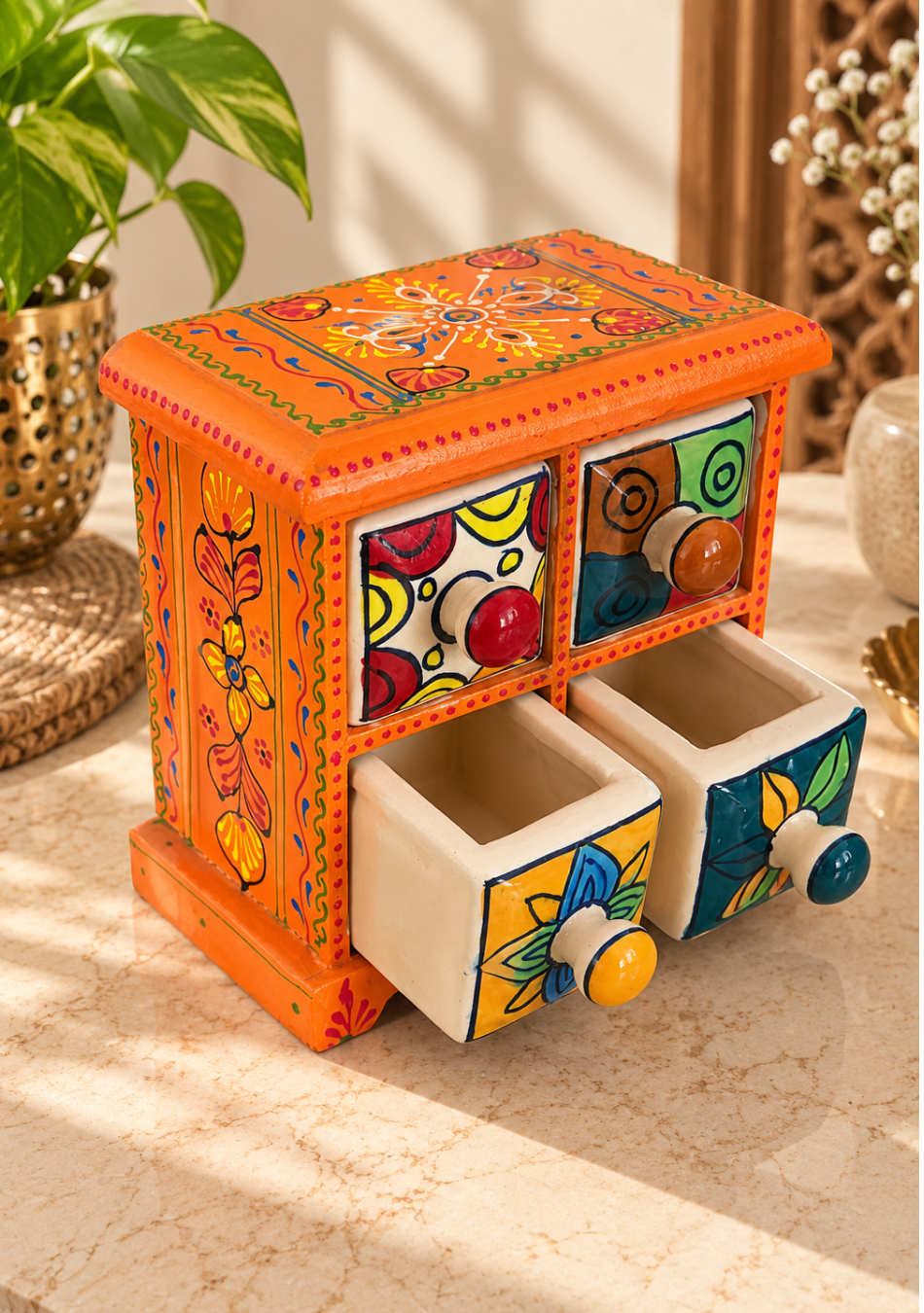Aravalii Orange Heritage 4-Drawer Mini Chest