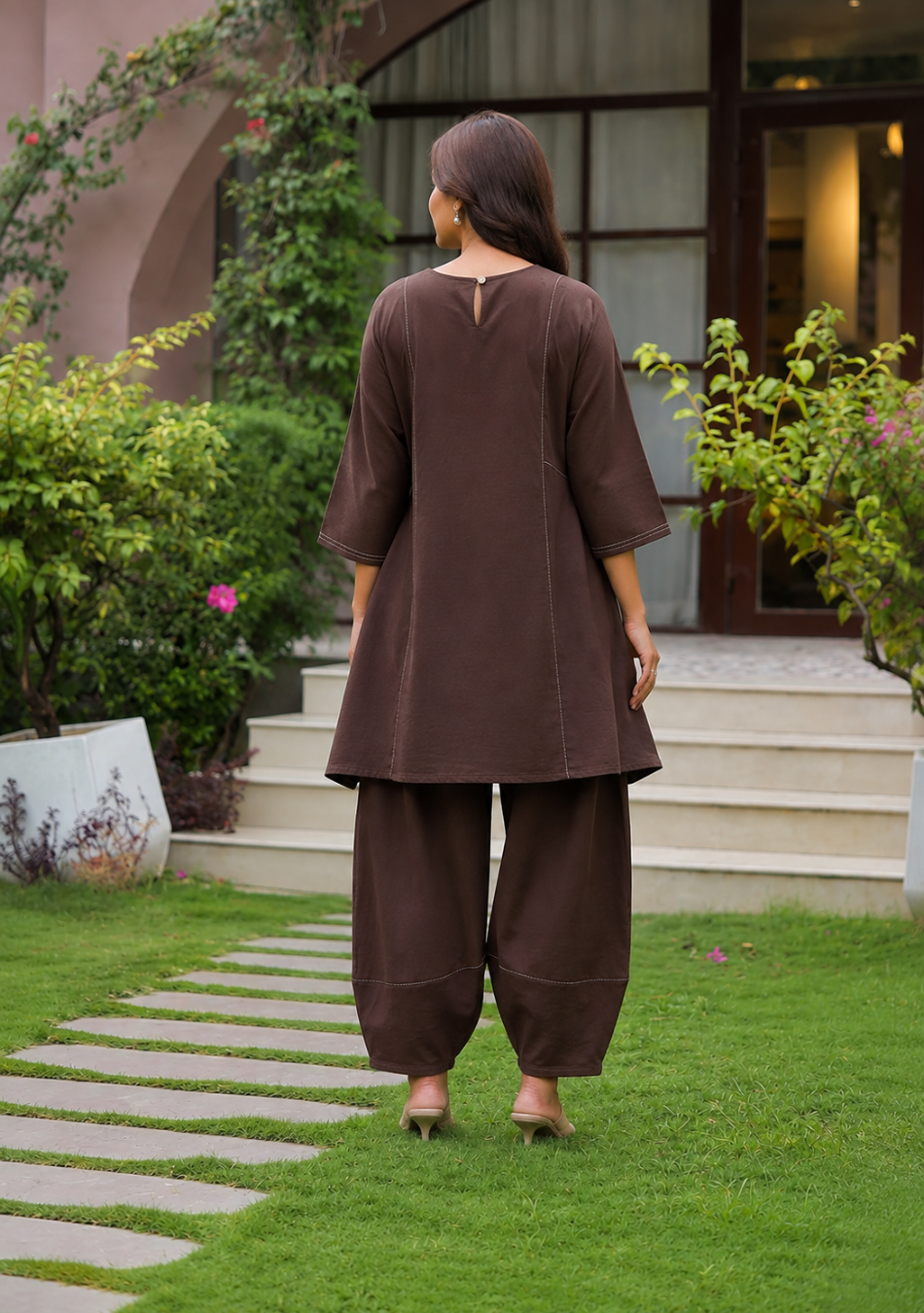Back view of Cocoa Comfort brown co-ord set with A-line top and tulip pants