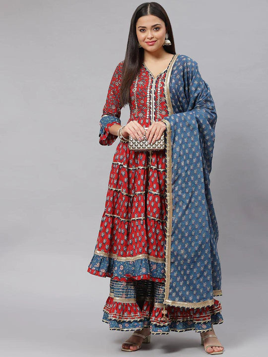 Maroon & Blue Anarkali Kurta Sharara Set with Dupatta