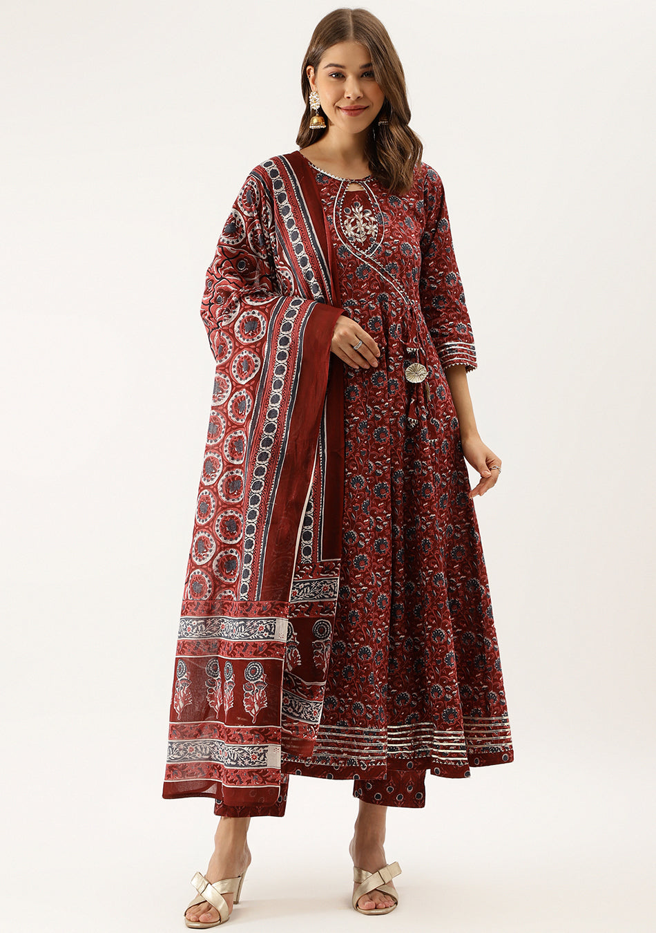 Burgundy Floral Cotton Anarkali Set