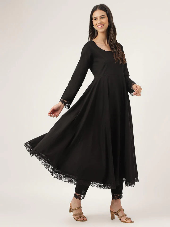 Women Black Embroidered V-Neck Anarkali Dress