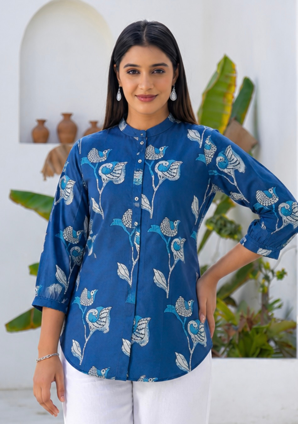 Mandarin Collar and Button Placket Detail on Bluebird Bloom Top