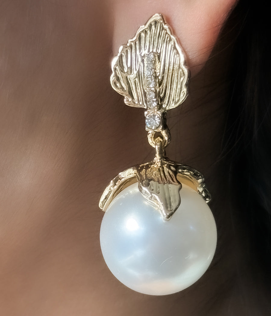 Gold Leaf Pearl Drop Earrings