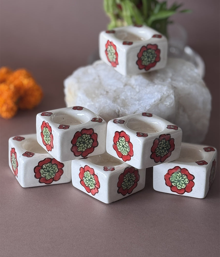 White Diya with Red flower Design - Set of 6