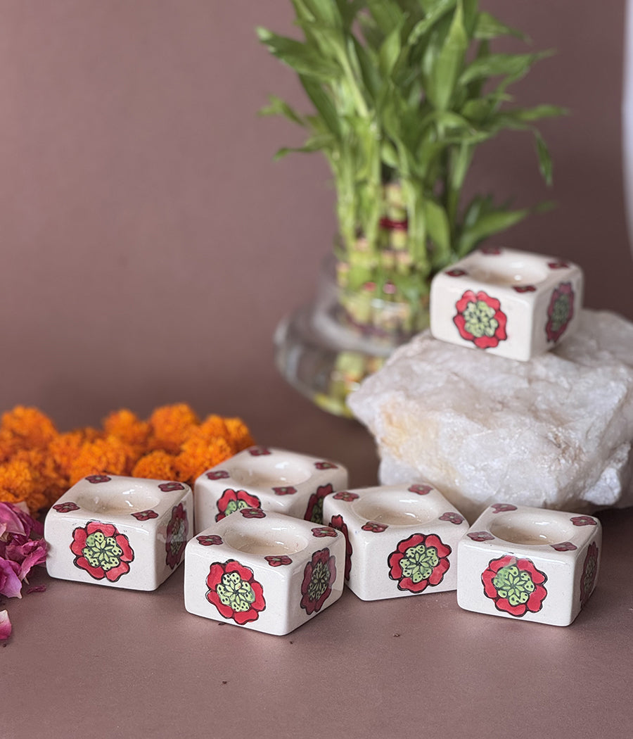 White Diya with Red flower Design - Set of 6