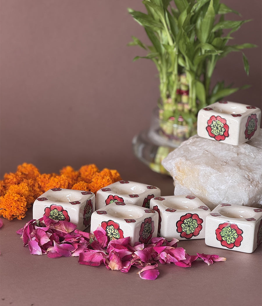 White Diya with Red flower Design - Set of 6