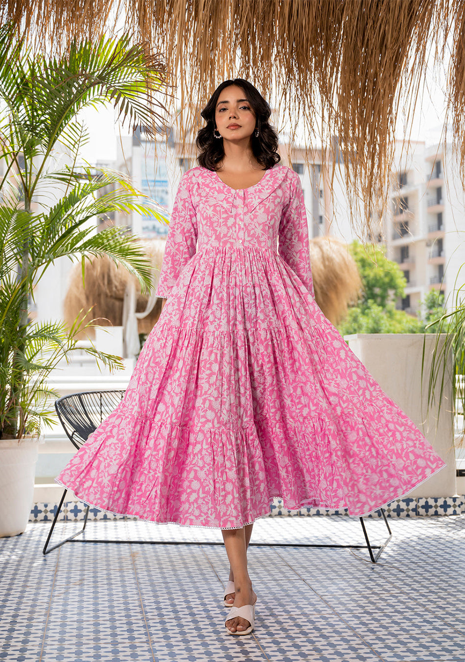 Pink Floral Printed Collar Neck Calf length Cotton dress for Women
