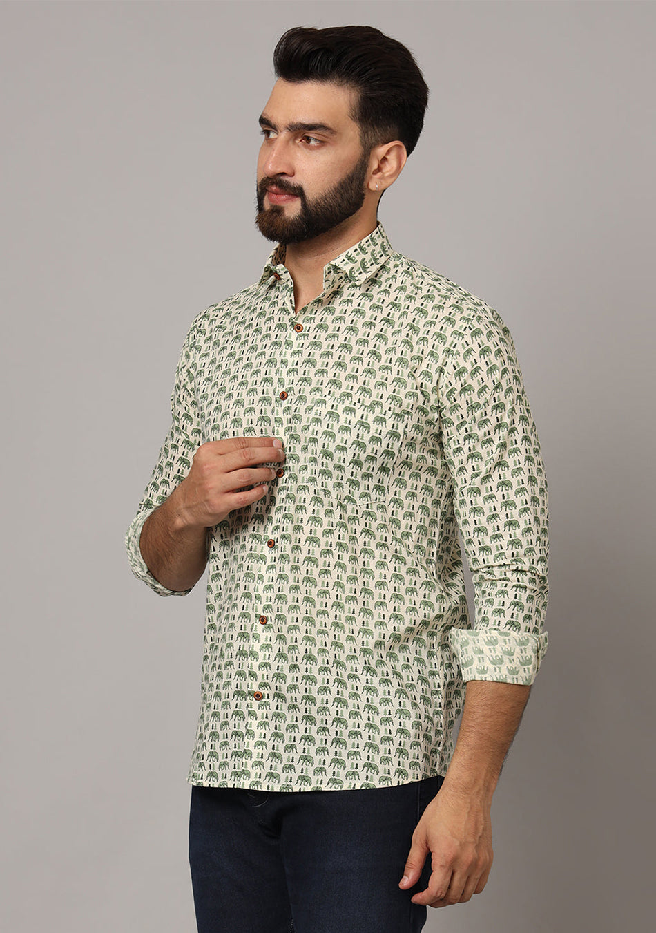 Green Ethnic Motif Pure Cotton Regular Fit Casual Shirt