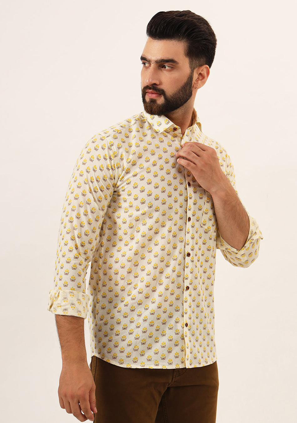 Yellow Floral Print Pure Cotton Regular Fit Casual Shirt