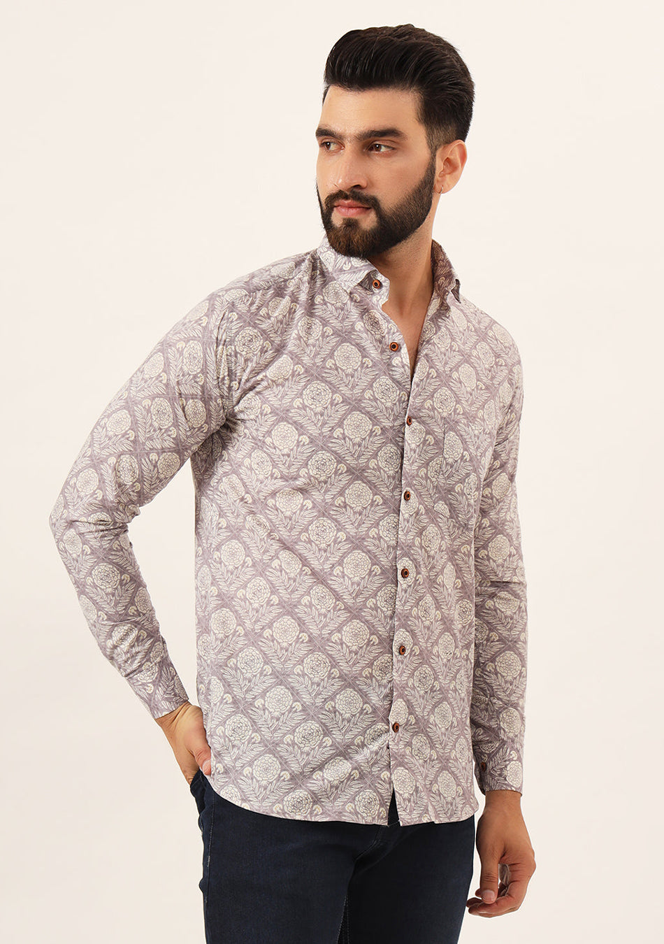 Lavender Geometric Pure Cotton Regular Fit Casual Shirt