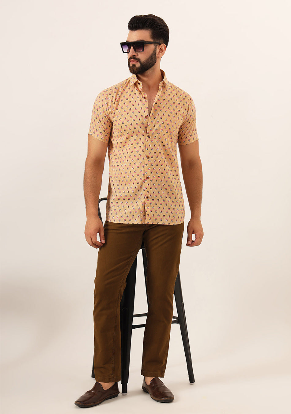 Beige Printed Pure Cotton Regular Fit Casual Shirt
