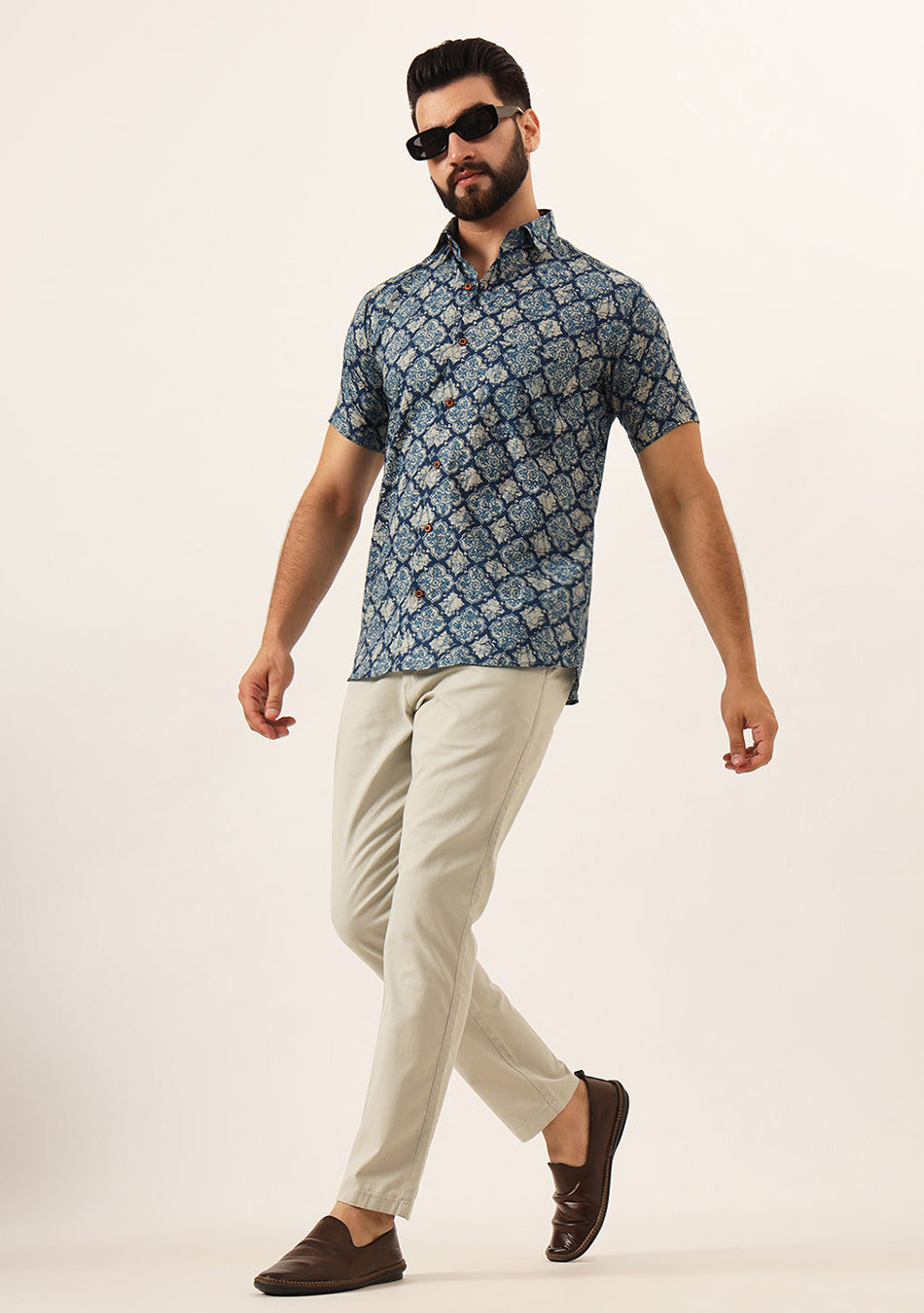 Blue Geometric Pure Cotton Regular Fit Casual Shirt