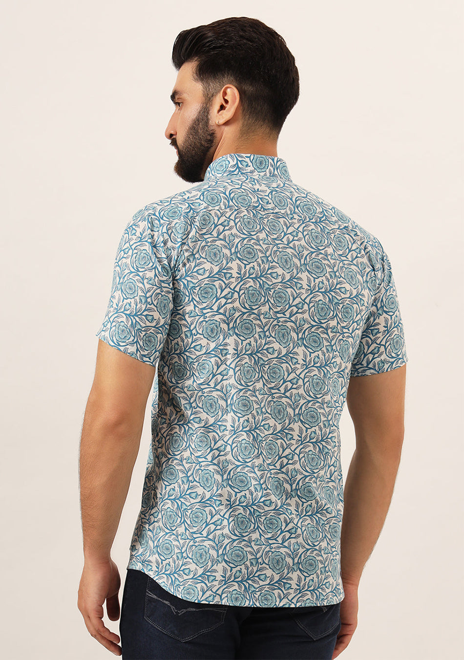 Sky Blue Floral Print Pure Cotton Regular Fit Casual Shirt