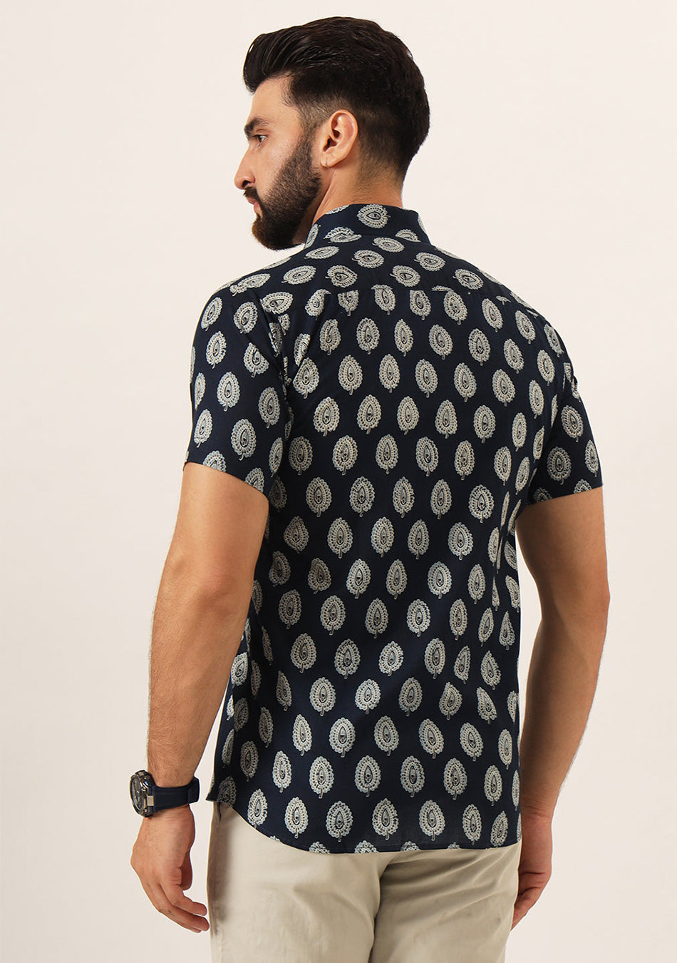 Navy Blue Floral Print Pure Cotton Regular Fit Casual Shirt