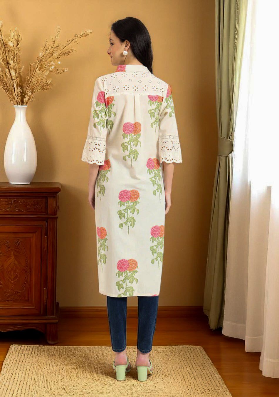 Cream Pink Floral Print Cotton Fabric Kurta