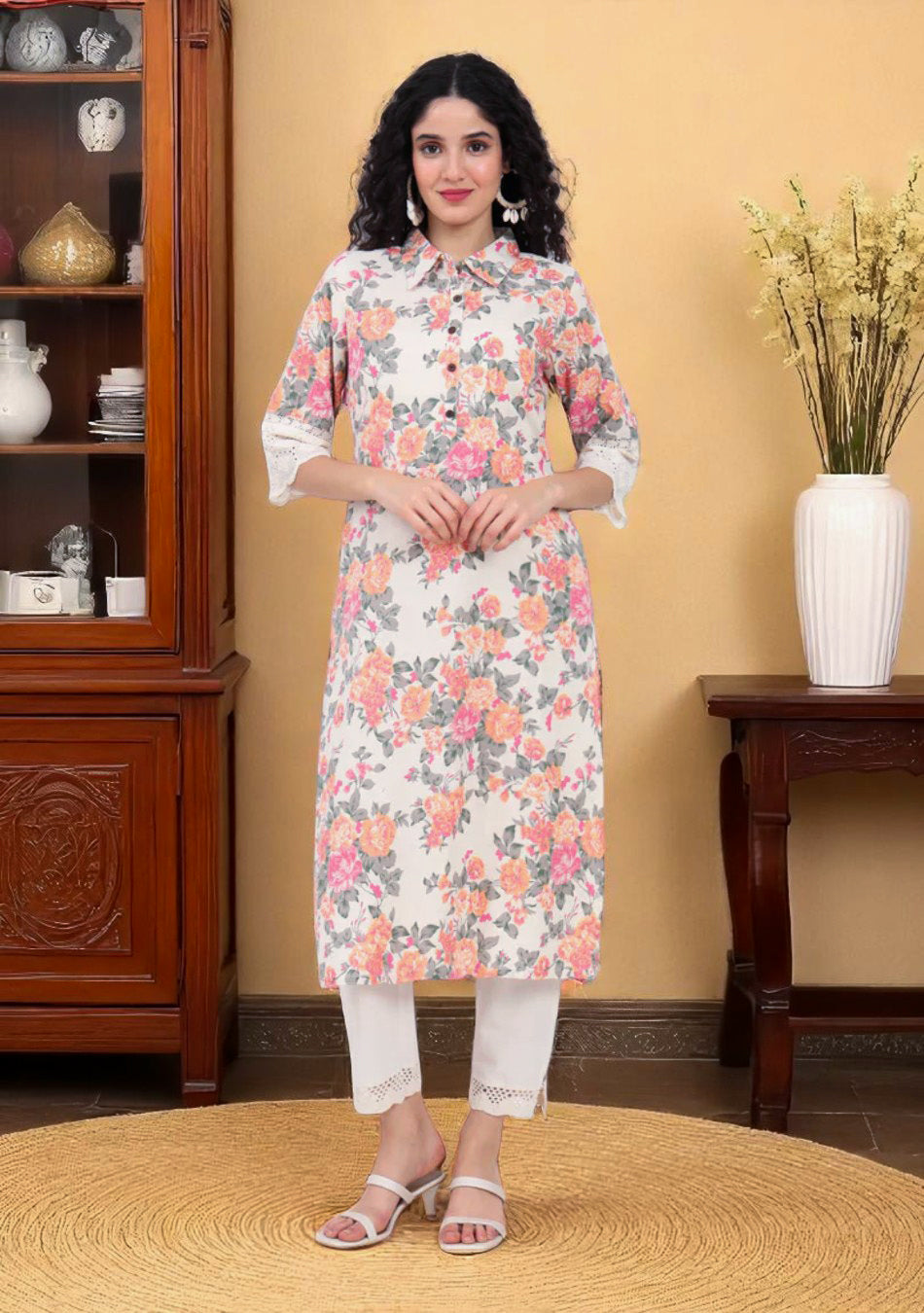 Pink Floral Printed Cotton Kurta