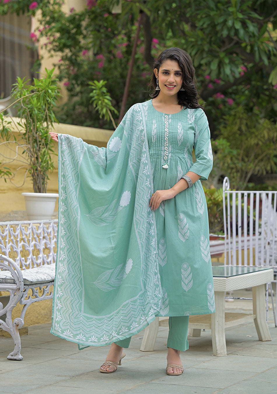 Teal Green Cotton Pintuck Design Kurta pant set with Dupatta