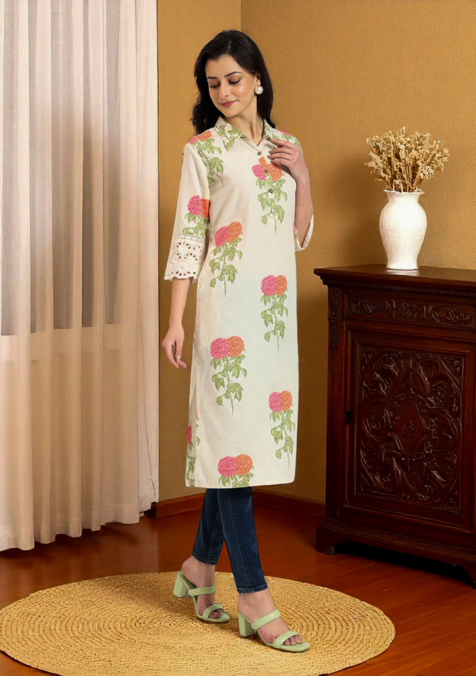 Cream Pink Floral Print Cotton Fabric Kurta