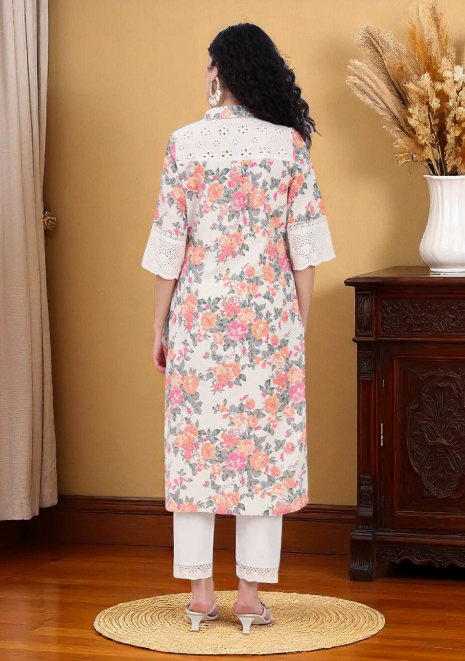 Pink Floral Printed Cotton Kurta
