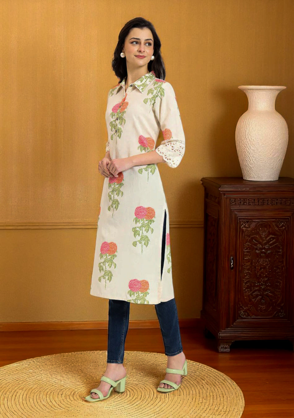 Cream Pink Floral Print Cotton Fabric Kurta