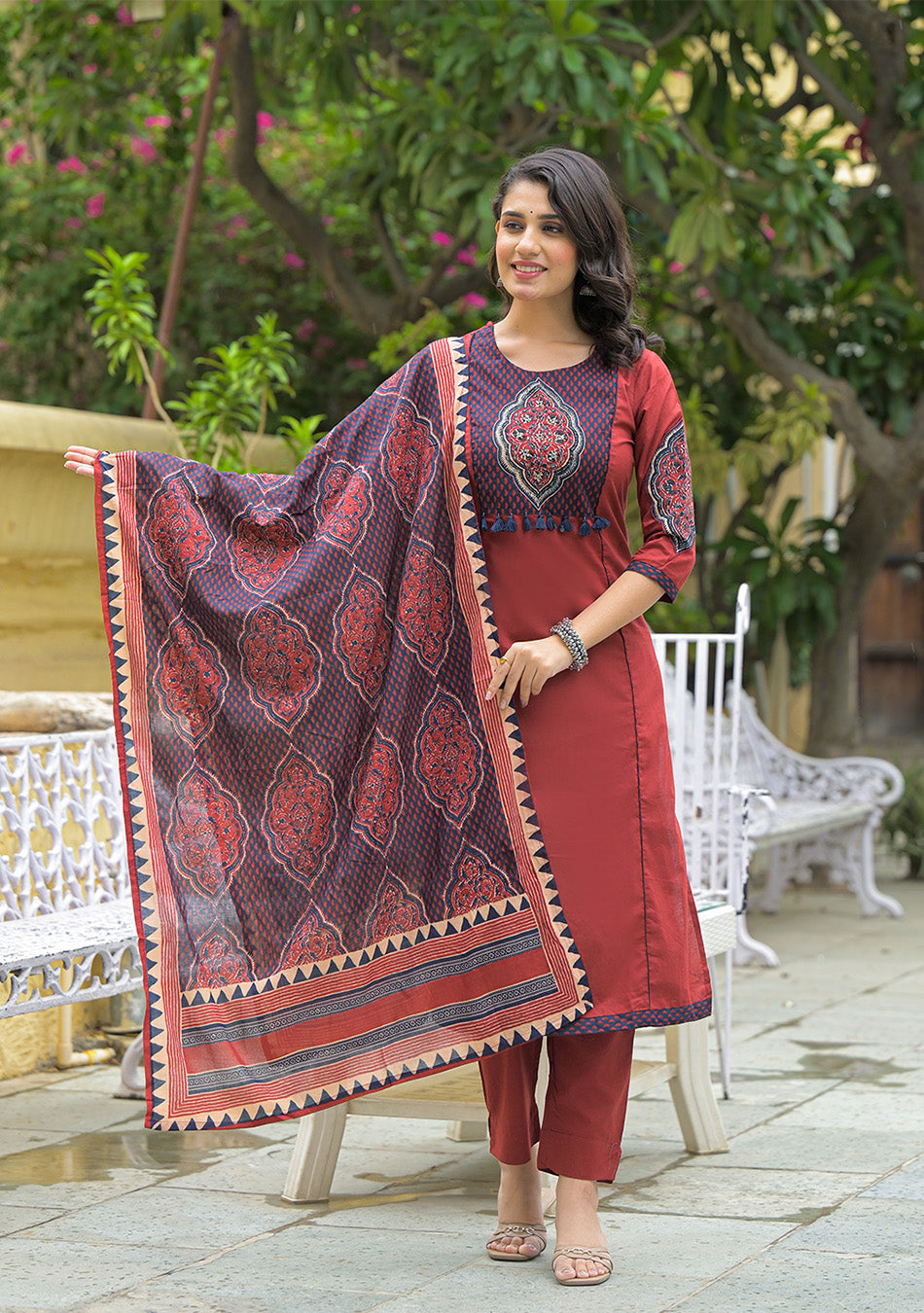 Maroon Cotton Round neck Yoke work kurta Pant Set With Dupatta