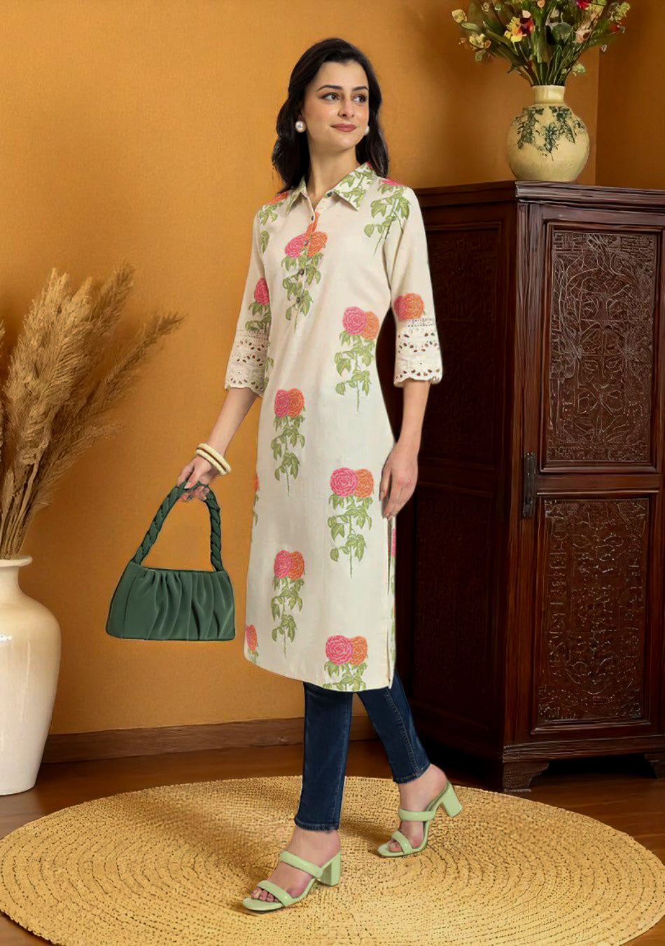 Cream Pink Floral Print Cotton Fabric Kurta