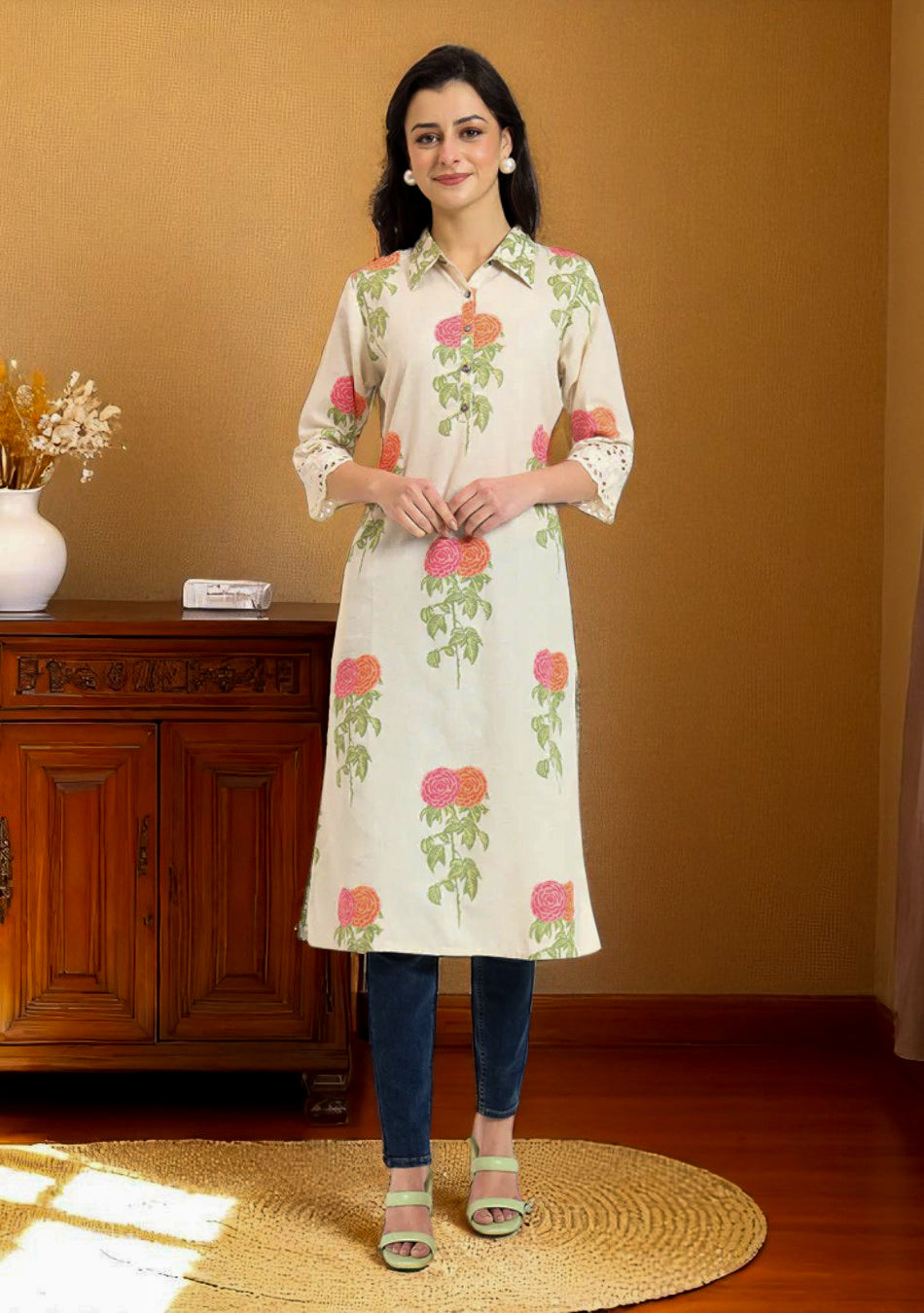 Cream Pink Floral Print Cotton Fabric Kurta
