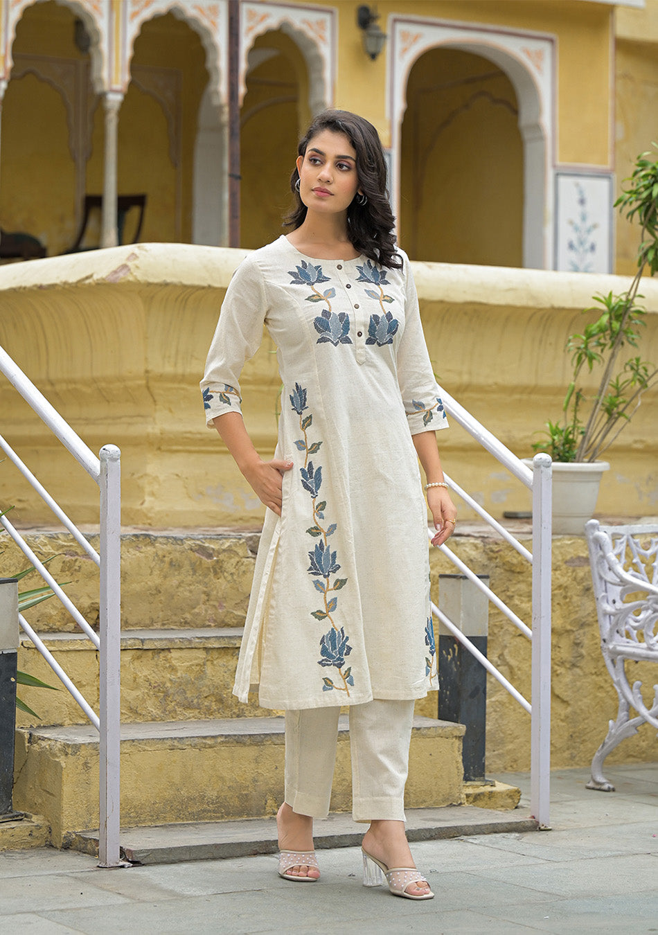 Off White Blue Embroidery Co-ord Set