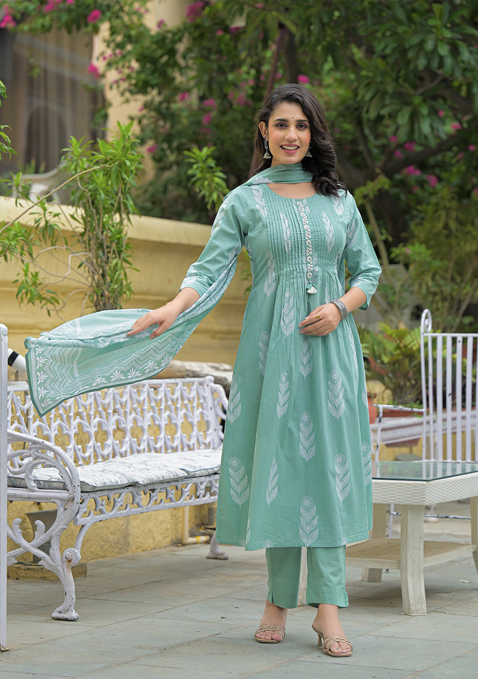Teal Green Cotton Pintuck Design Kurta pant set with Dupatta