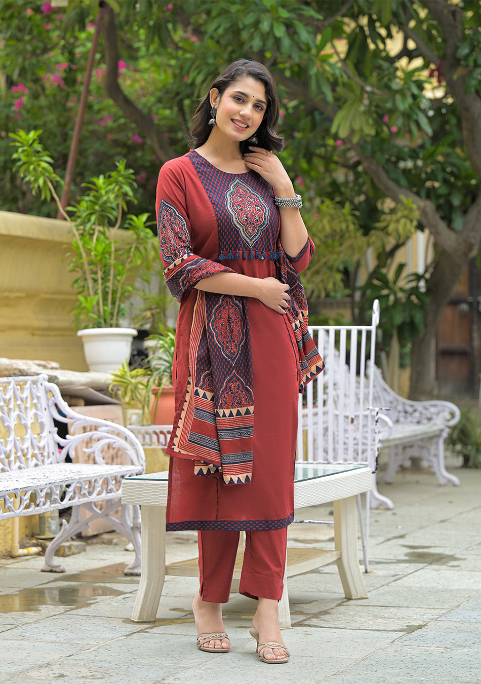 Maroon Cotton Round neck Yoke work kurta Pant Set With Dupatta