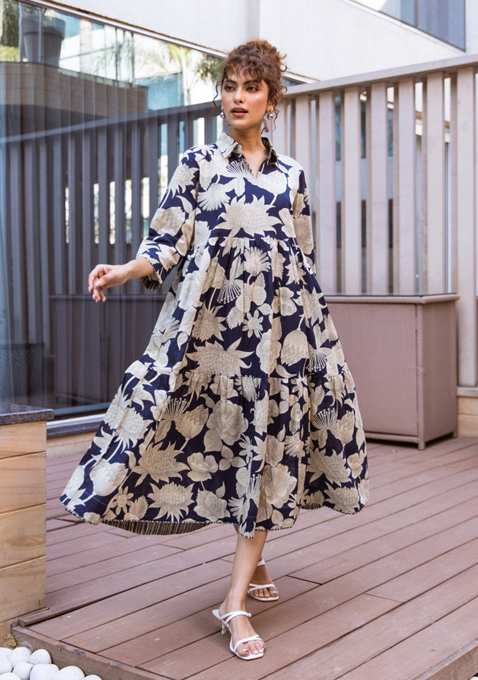 Navy Botanical Tiered Dress