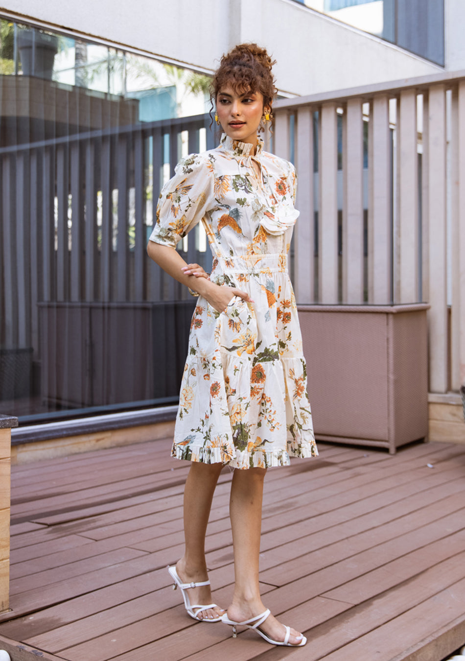 Ivory Botanical Ruffle Midi Dress