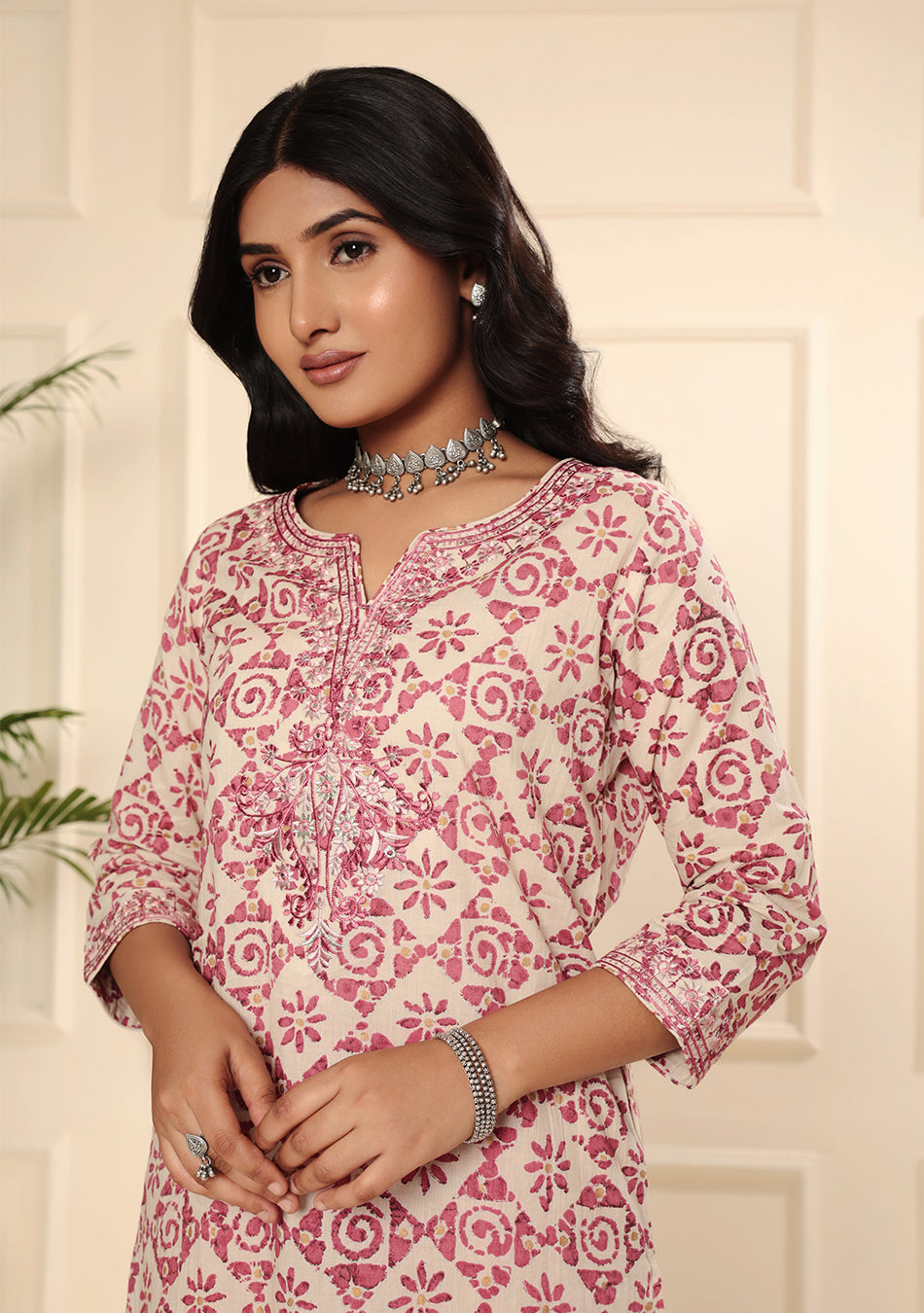 White & Red Floral Print kurta Pant set with Dupatta