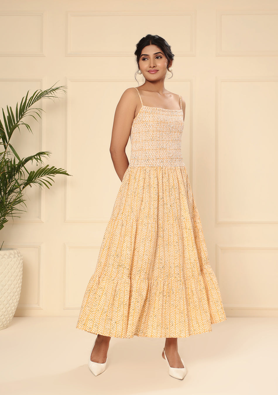 Yellow Strappy dress with olive gown
