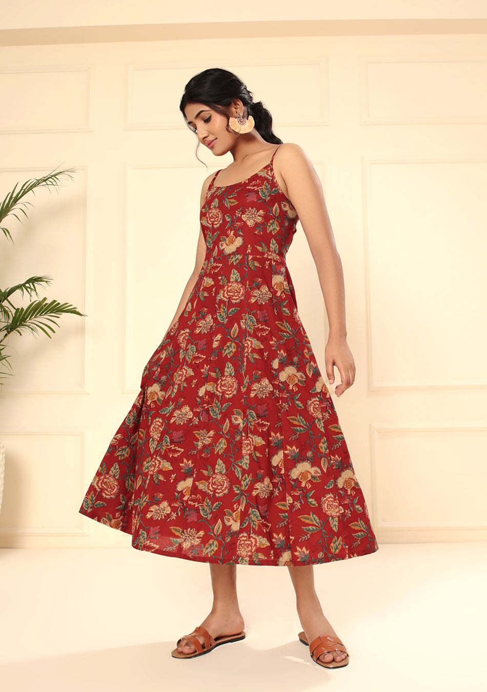 Crimson Red Shoulder Straps Floral Dress