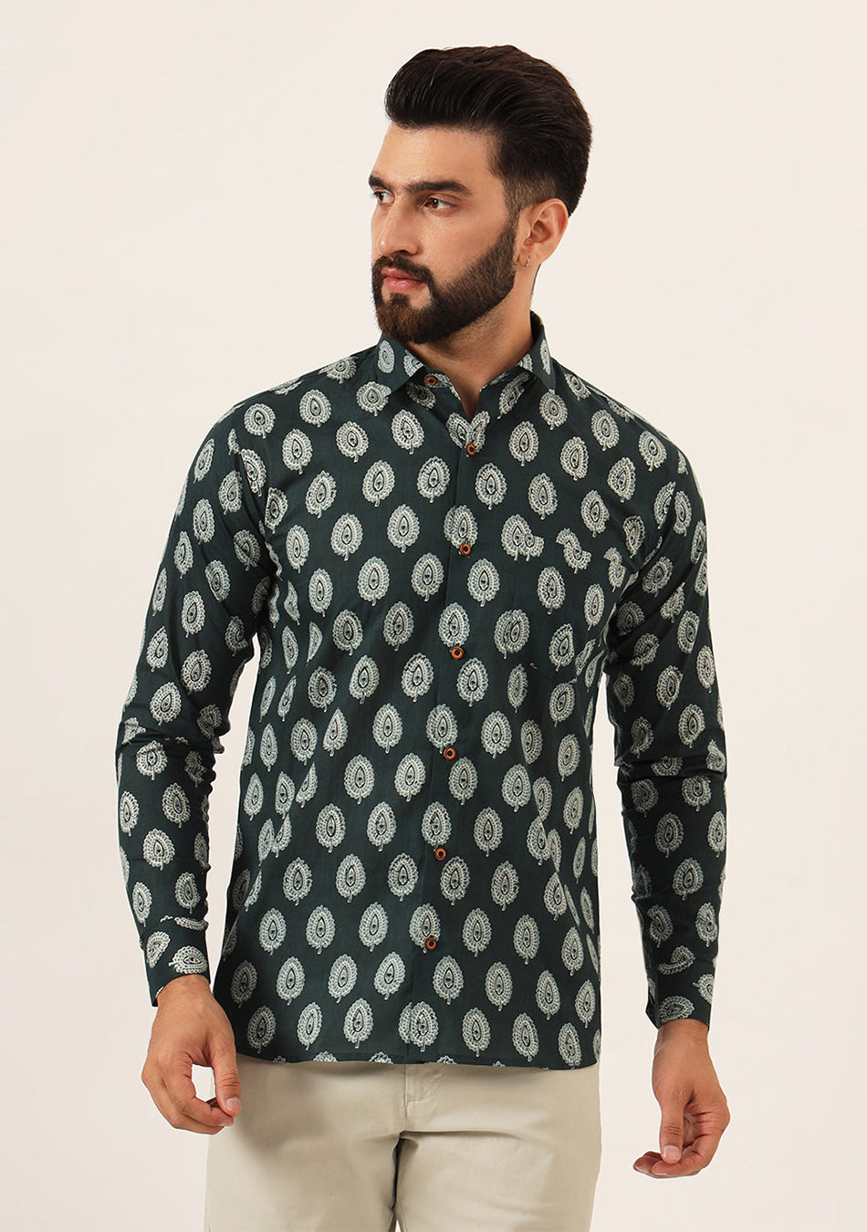 Dark Green Printed Pure Cotton Regular Fit Casual Shirt