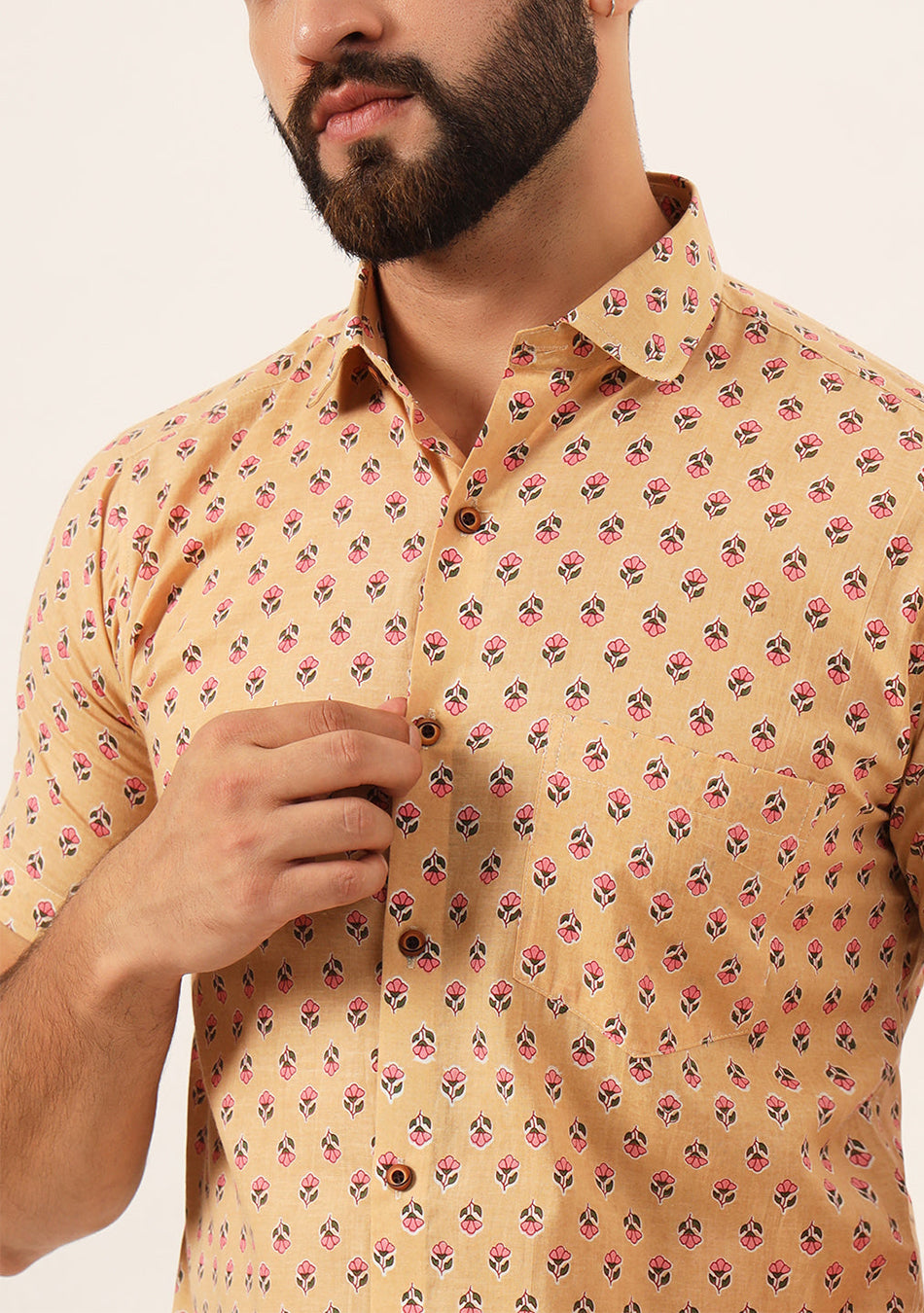 Beige Printed Pure Cotton Regular Fit Casual Shirt