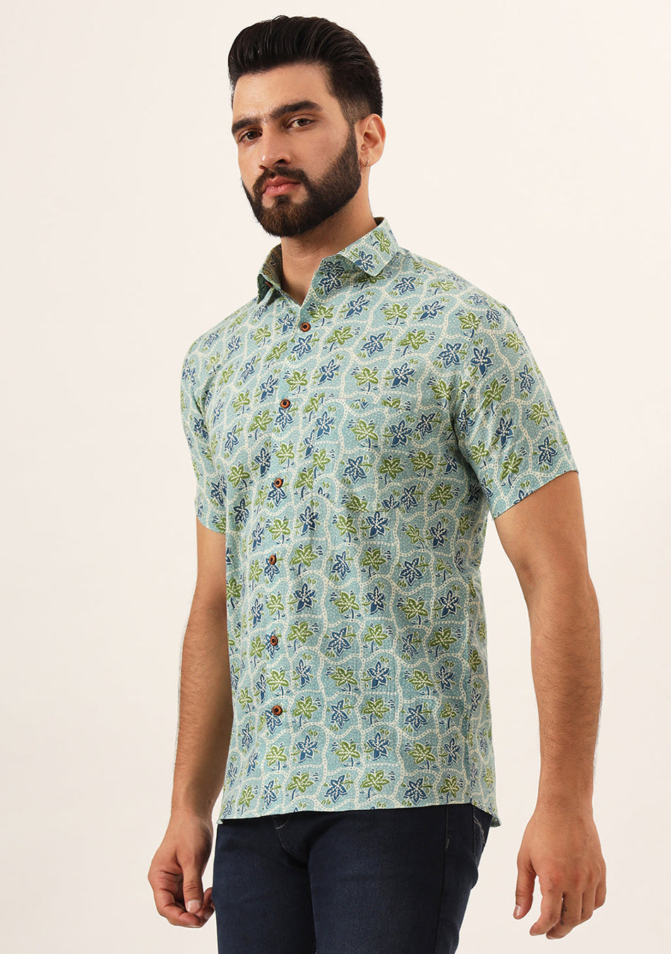 Green Floral Print Pure Cotton Regular Fit Casual Shirt
