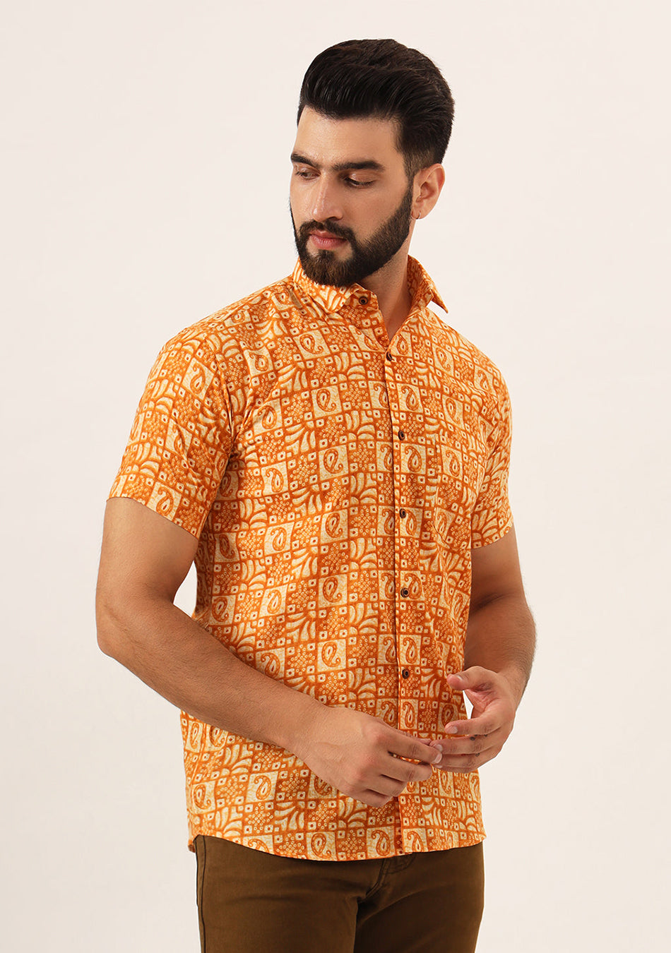 Orange Paisley Print Pure Cotton Regular Fit Casual Shirt