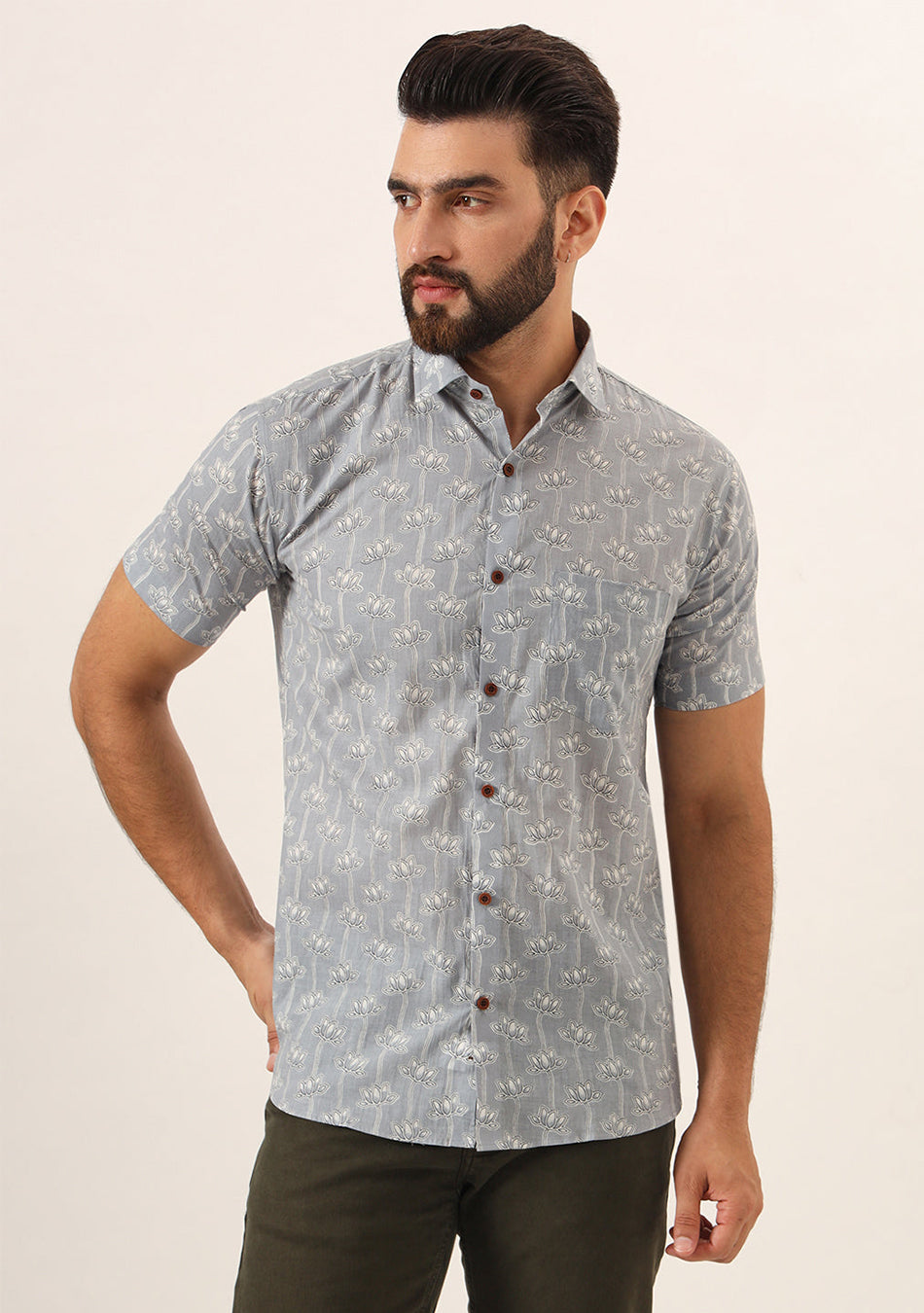 Grey Printed Pure Cotton Regular Fit Casual Shirt for Men