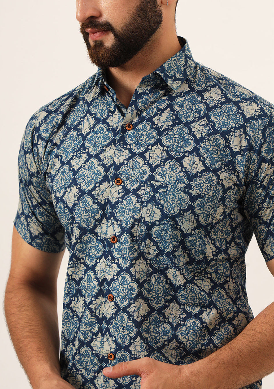 Blue Geometric Pure Cotton Regular Fit Casual Shirt