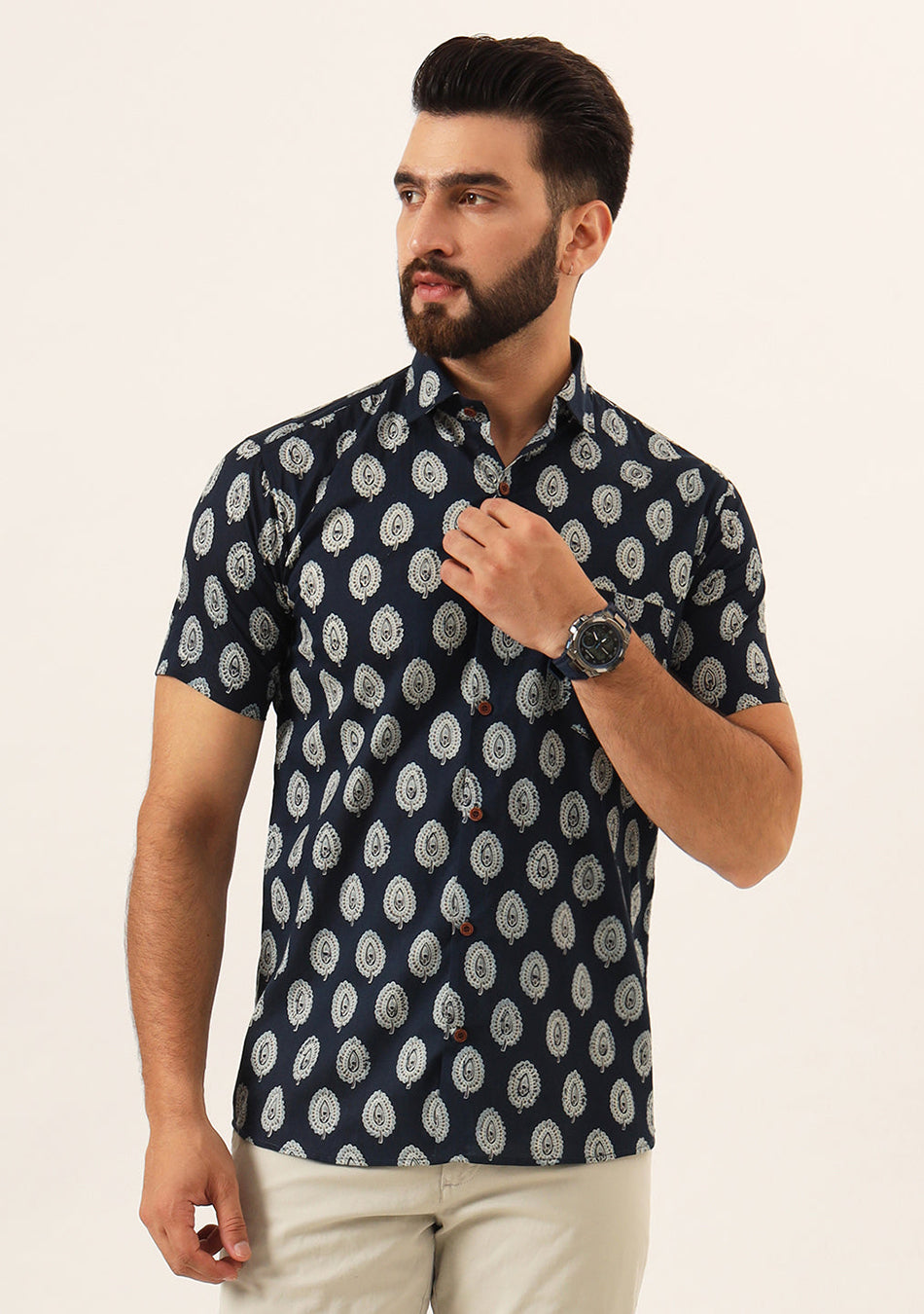 Navy Blue Floral Print Pure Cotton Regular Fit Casual Shirt