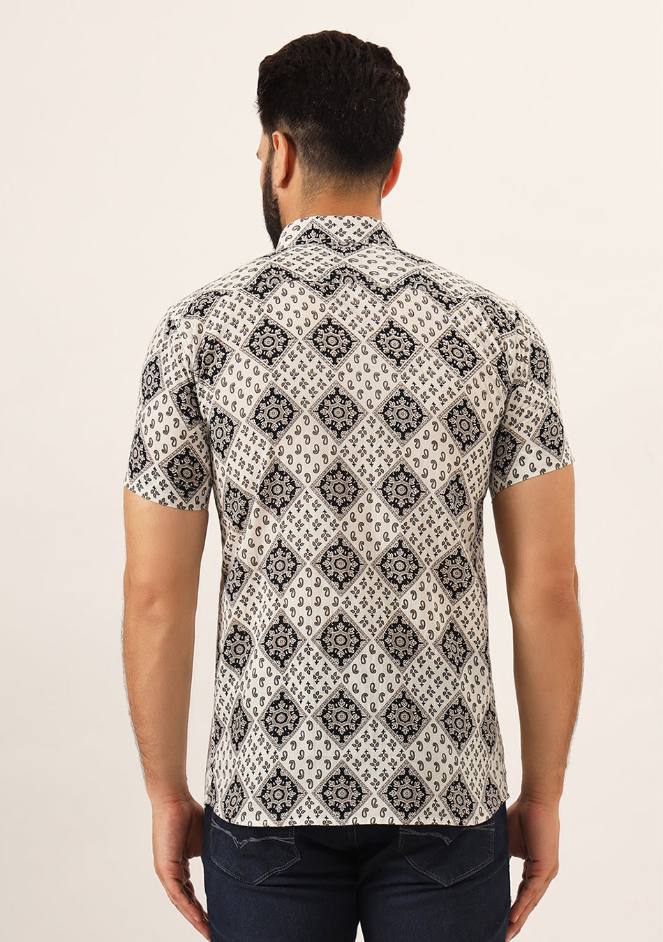 White Geometric Pure Cotton Regular Fit Casual Shirt