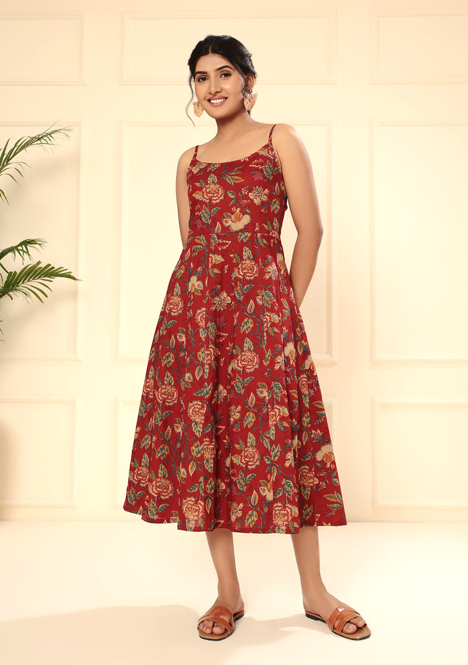 Crimson Red Shoulder Straps Floral Dress