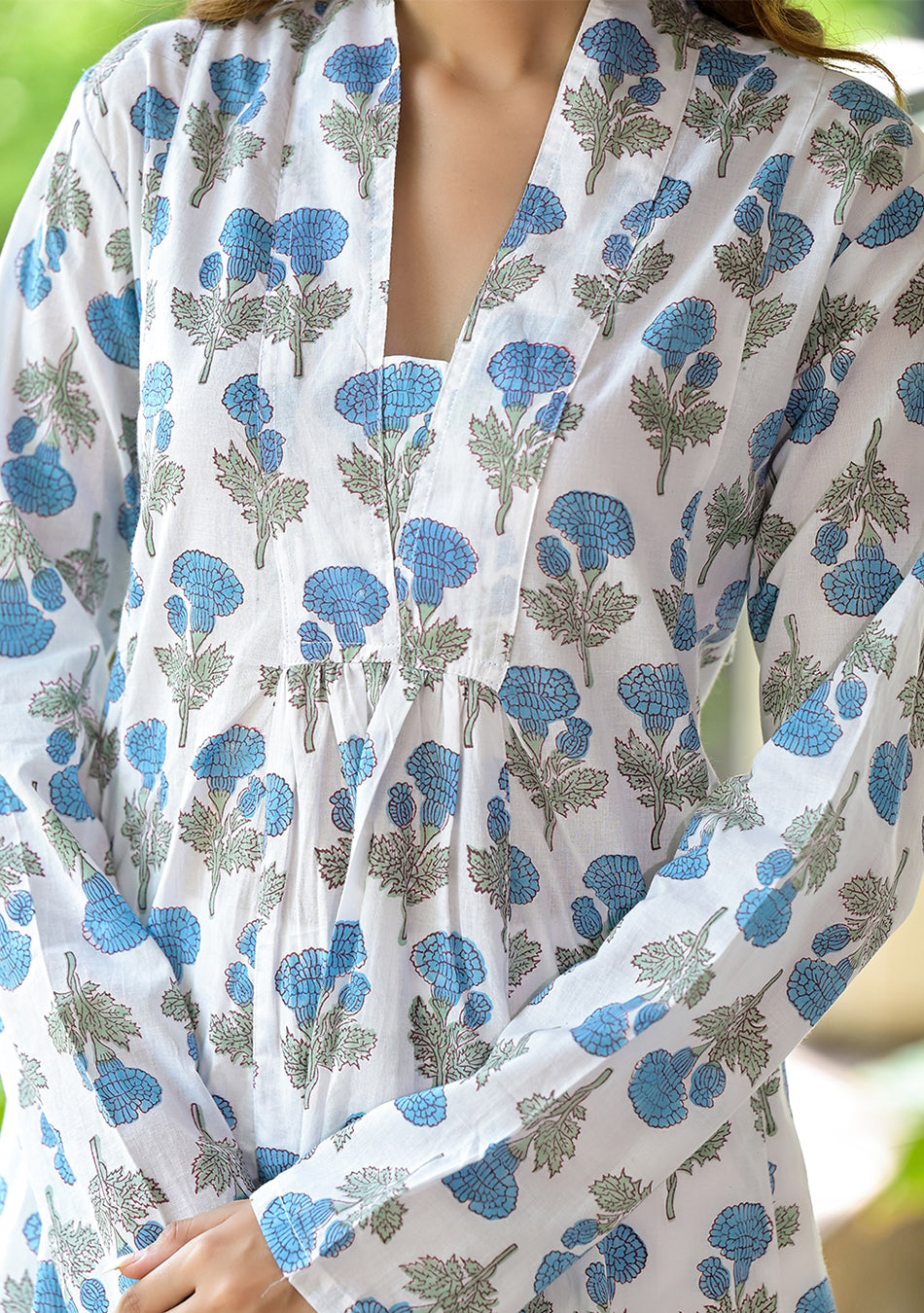 White & Blue Floral HandBlock Cotton Anarkali Cotton Kurta Set
